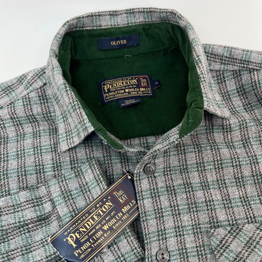 Pendleton Oliver Shirt Mens M Grey Green Plaid Wool Corduroy Collar NWT